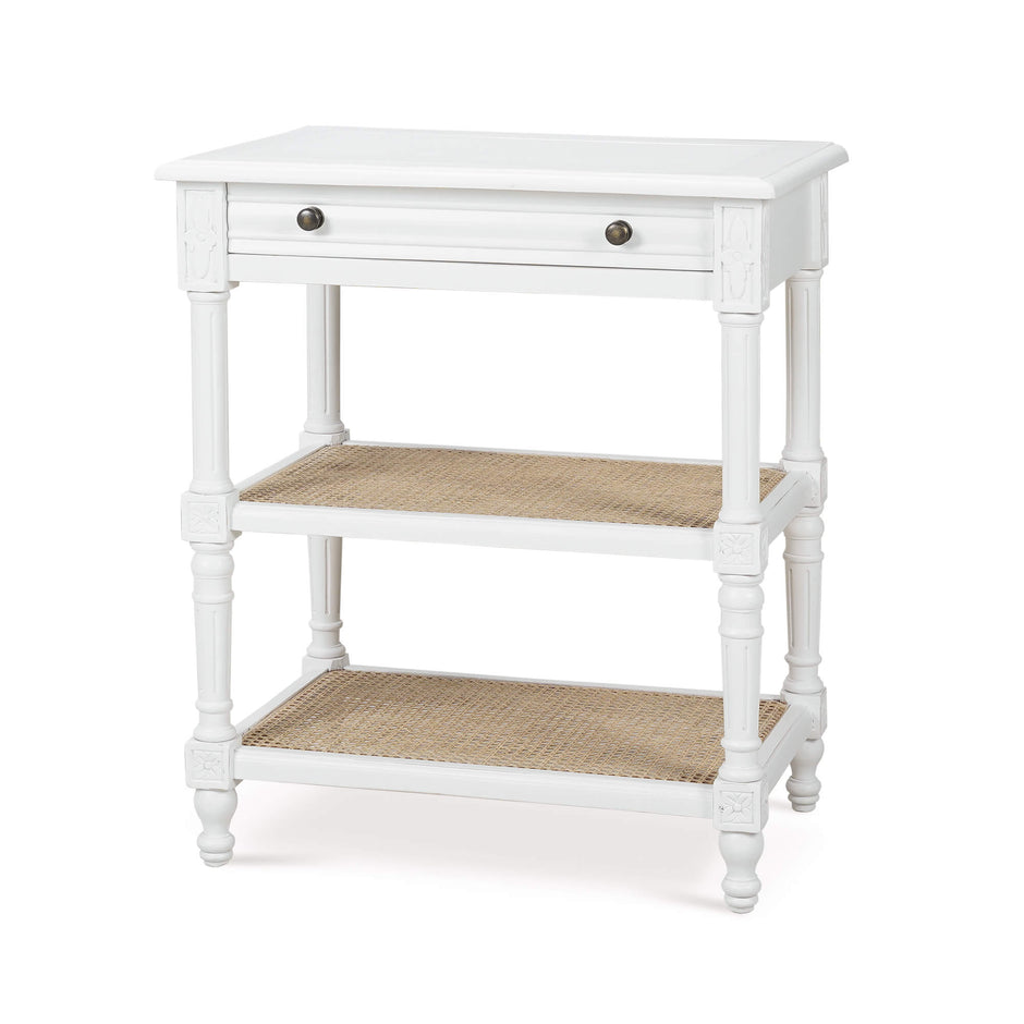 Melissa Side Table in Architectural White w/ Rattan Natural on Shelves