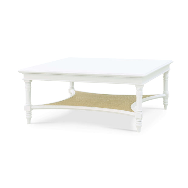 Montego Square Coffee Table in Architectural White w/ Rattan Natural
