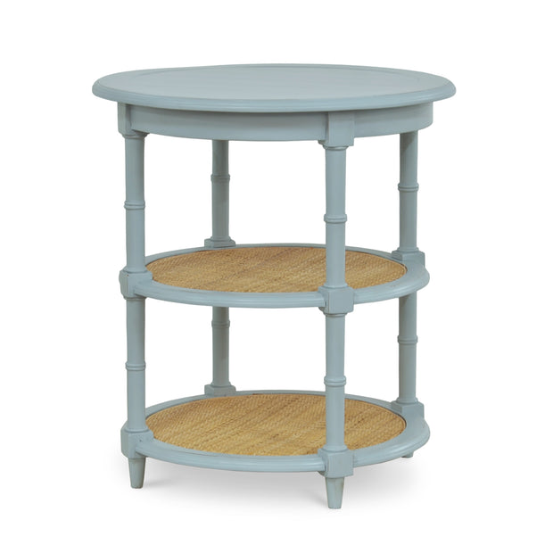 Martinique Round Side Table in Ocean Blue w/ Rattan Natural on Shelfs
