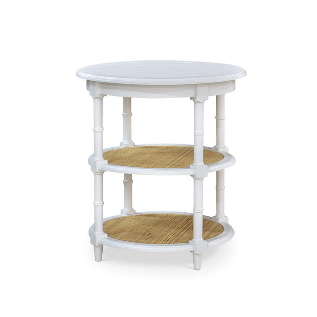 Martinique Round Side Table inTrue White w/ Rattan Natural on Shelves