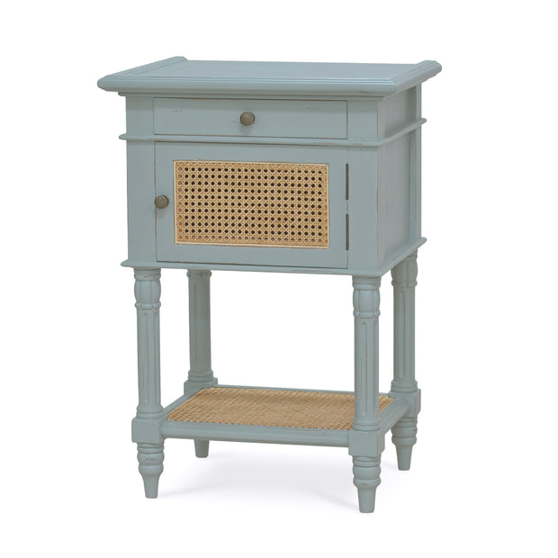 Montego Square End Table in Ocean Blue w/ Drawer & Rattan Natural Door