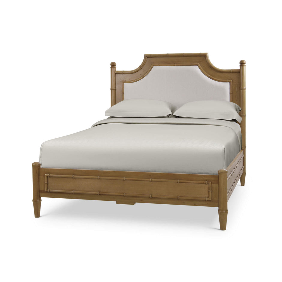 Chelsea Upholstered Bed Queen in Antique French Oak w/ Dinara Natural Fabric