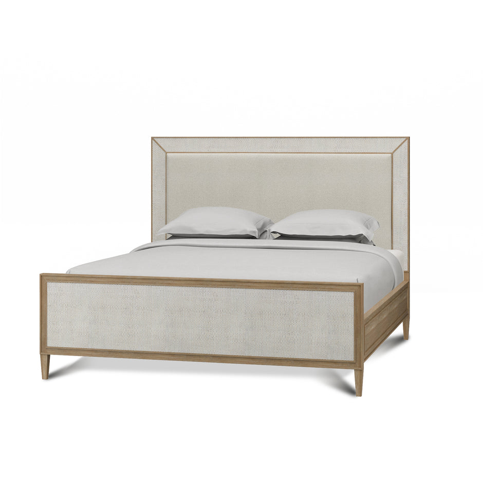 Belgravia Upholstered King Bed in Sandbar. Upholstered in Dinara Natural Fabric w/ White Rattan