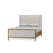 Belgravia Upholstered Queen Bed in Sandbar. Upholstered in Dinara Natural Fabric w/ White Rattan.