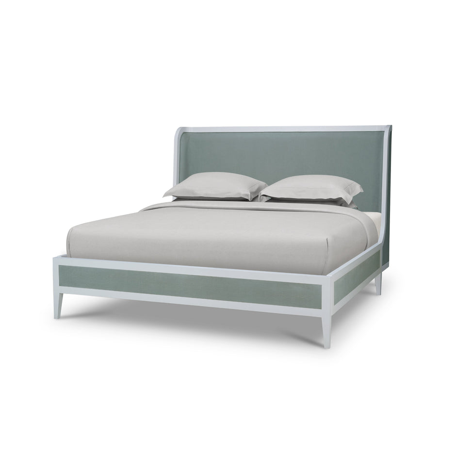 Mornington King Upholstered & Linen Wrapped Bed w/ True White Frame Yuko Sky Performance Fabric & Pale Blue Linen
