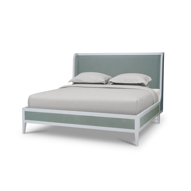 Mornington King Upholstered & Linen Wrapped Bed w/ True White Frame Yuko Sky Performance Fabric & Pale Blue Linen