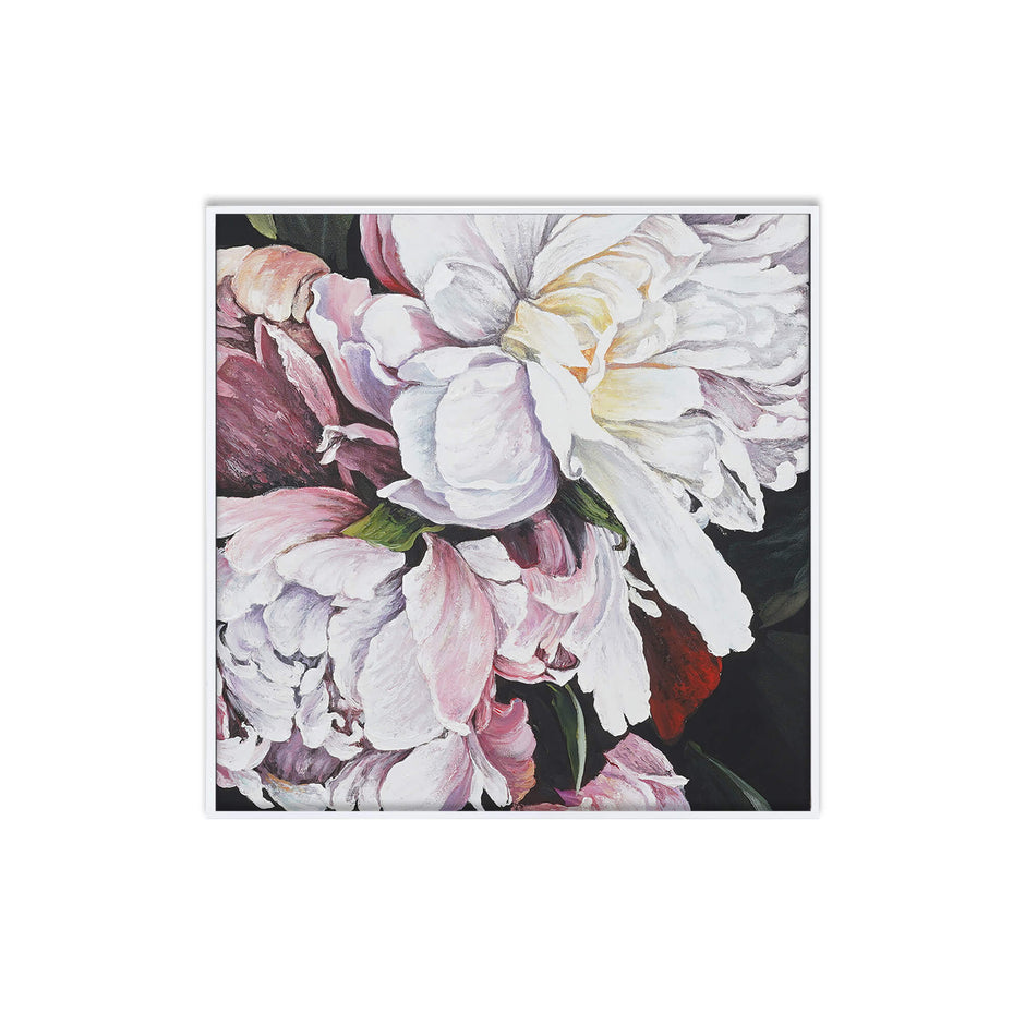 Pink Peony on Canvas 30 x 30 w/ Frame in True White